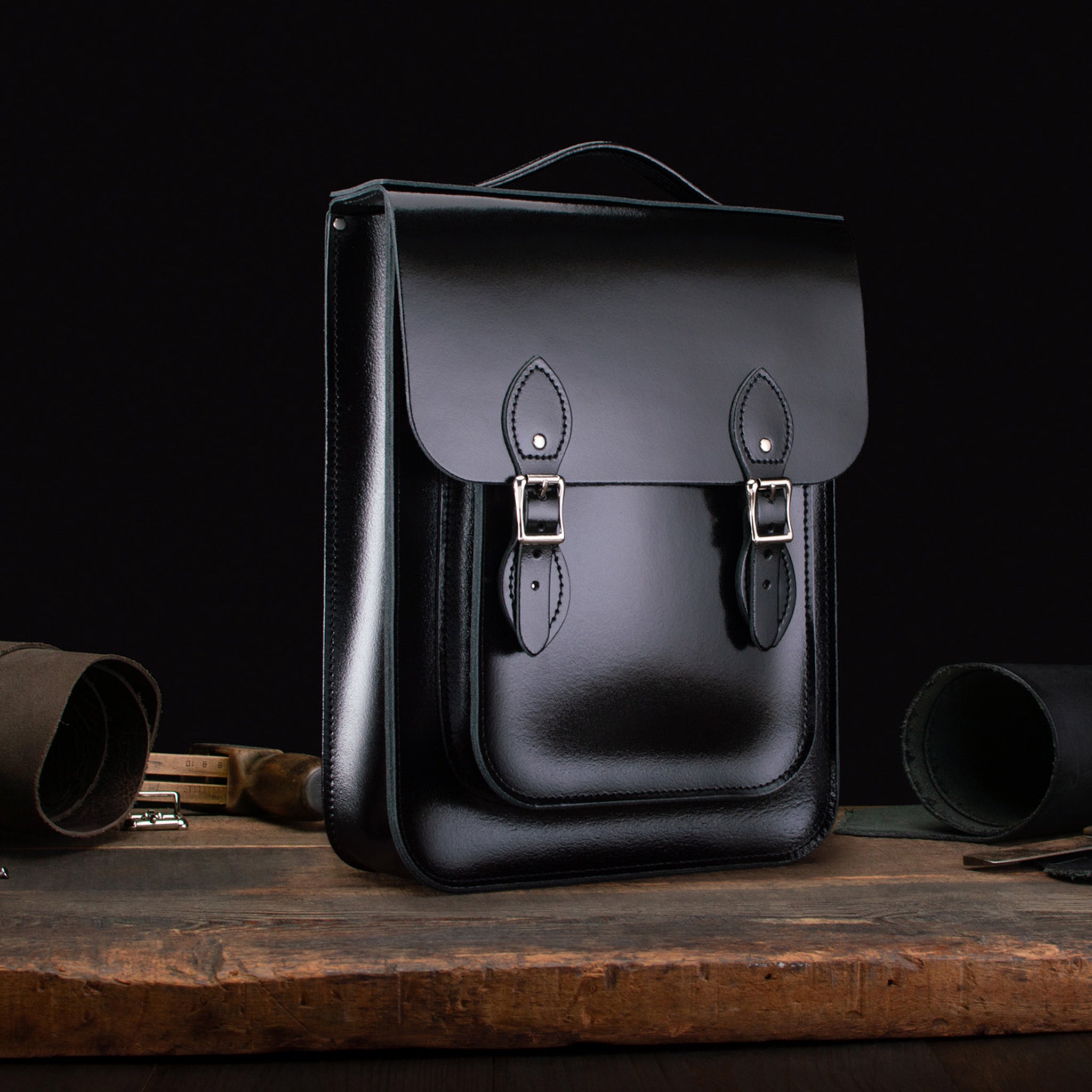 Medium Portrait Backpack in Patent Pitch Black