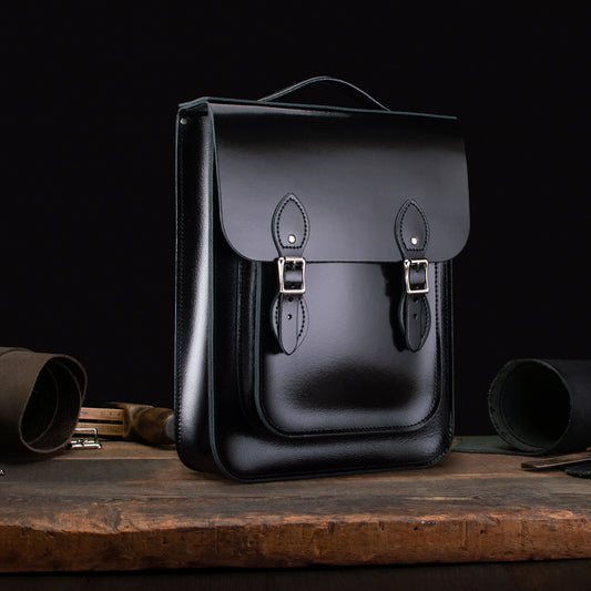 Medium Portrait Backpack in Patent Pitch Black