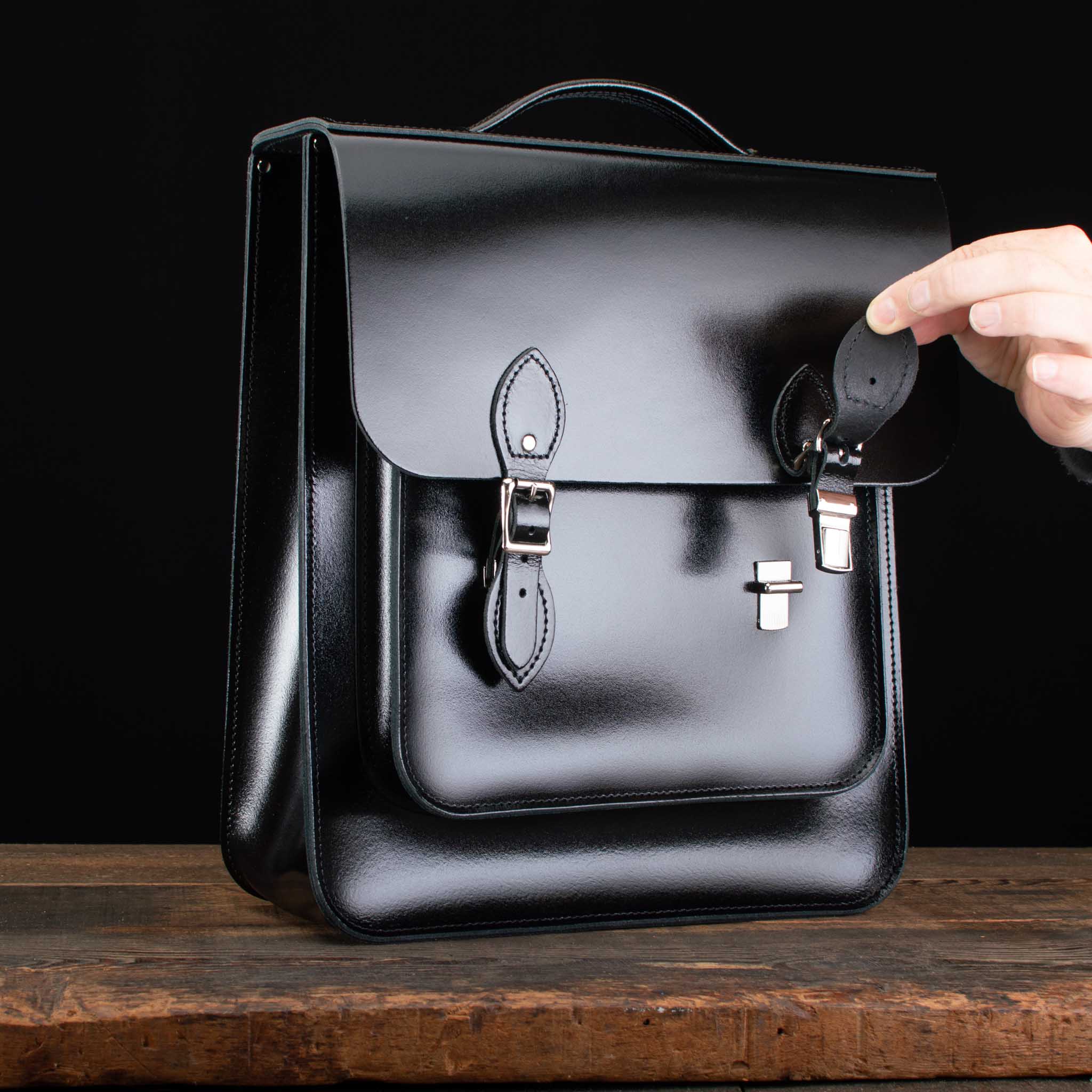Large Portrait Backpack in Patent Pitch Black